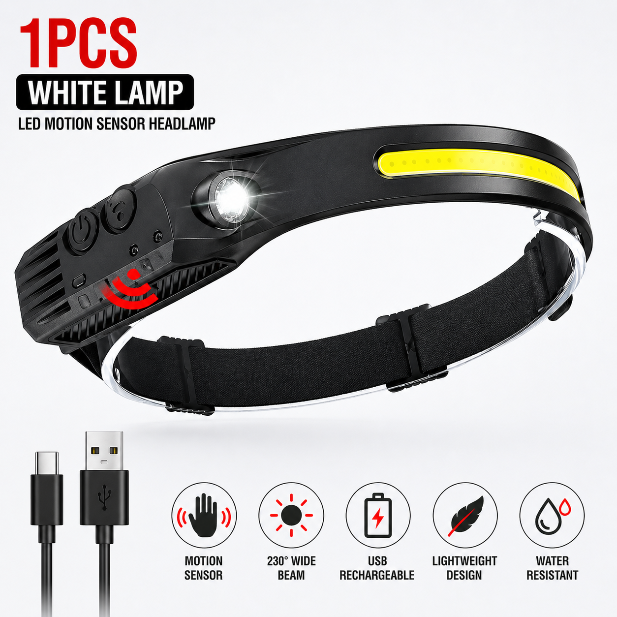 USB Rechargeable Head Torch - Waterproof + LED