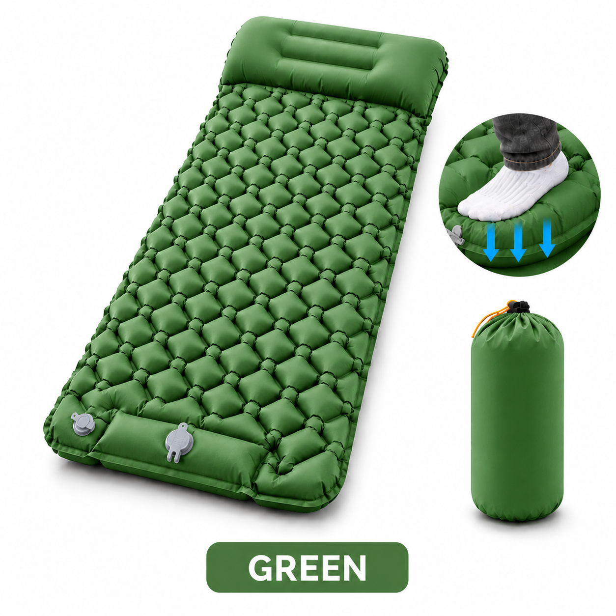 Inflatable Sleeping Pad with Pillow + Built-in Pump