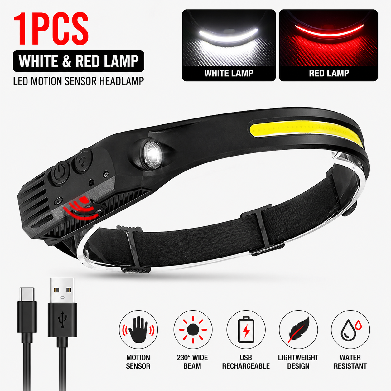USB Rechargeable Head Torch - Waterproof + LED