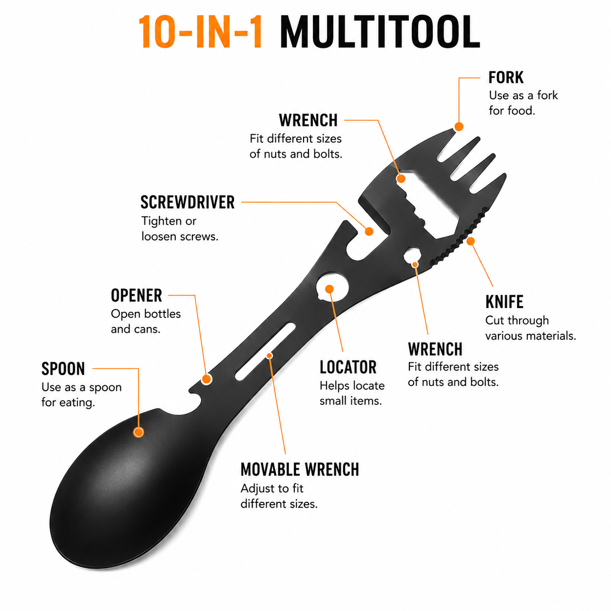 10-in-1 Lightweight Outdoor Fork Spoon Tool for Camping & Hiking