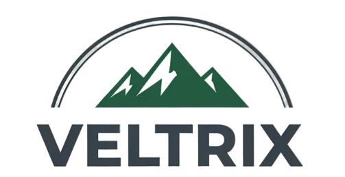 Veltrix logo with mountains and axes on a white background